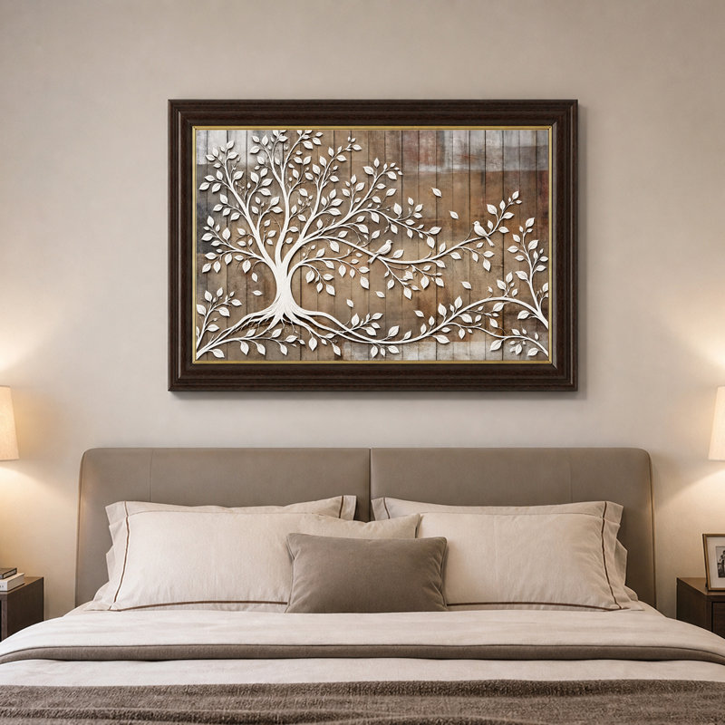Arbre blanc avec des oiseaux sur des planches de bois vieillies, art mural sur toile, H 16 po x l 24 po