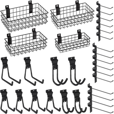 30PCS Slatwall Accessories Set, Includes 4 Pack Ventilated Metal Wire Slatwall Baskets