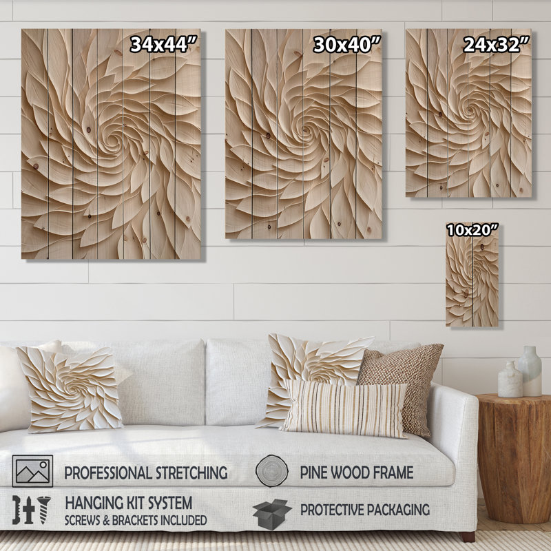 Spirale florale blanche - Botanicals, art mural sur bois de pin naturel, H 32 po x l 24 po x P 0,78 po