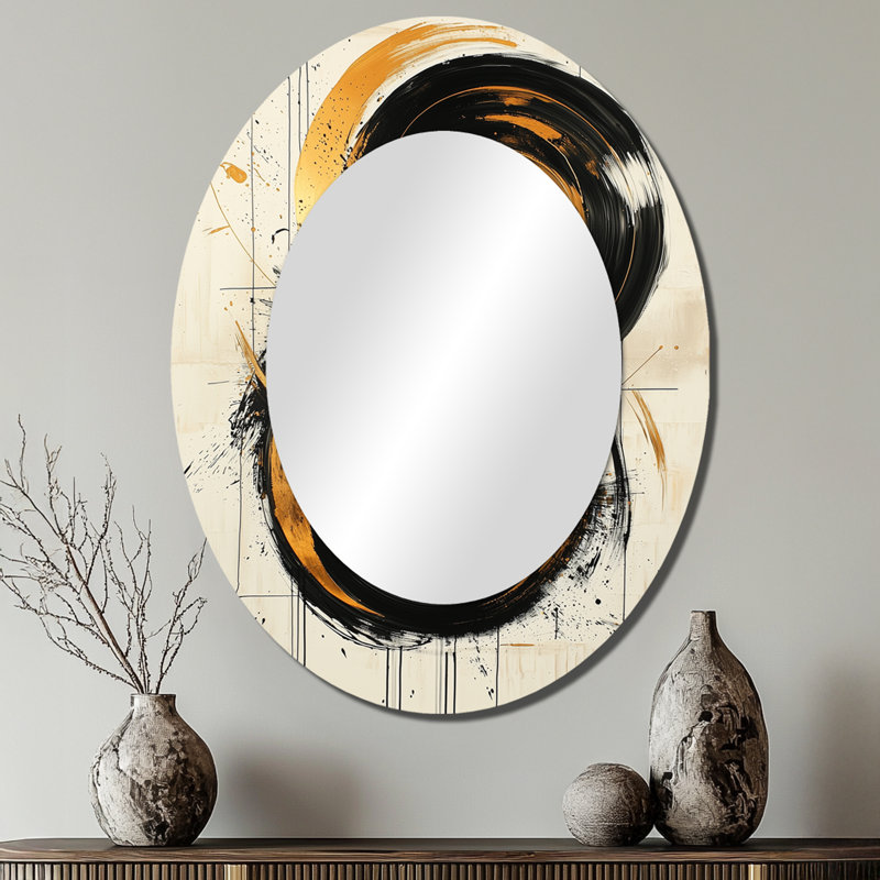 Black And Gold The Art Of Circle Chaos VI - Large Oval Wall Mirror On Metal, 40" x 30"