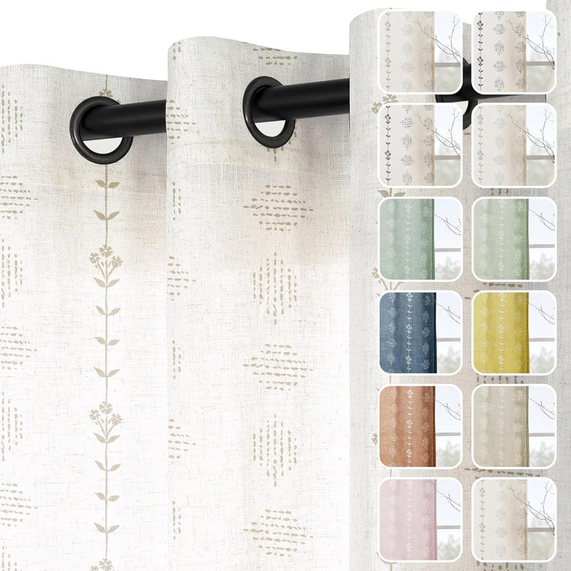 Neutral Curtains For Living Room,Floral Pattern Linen Sheer Country Boho Block Print Farm House Curtains 2 Panels Set, Cream