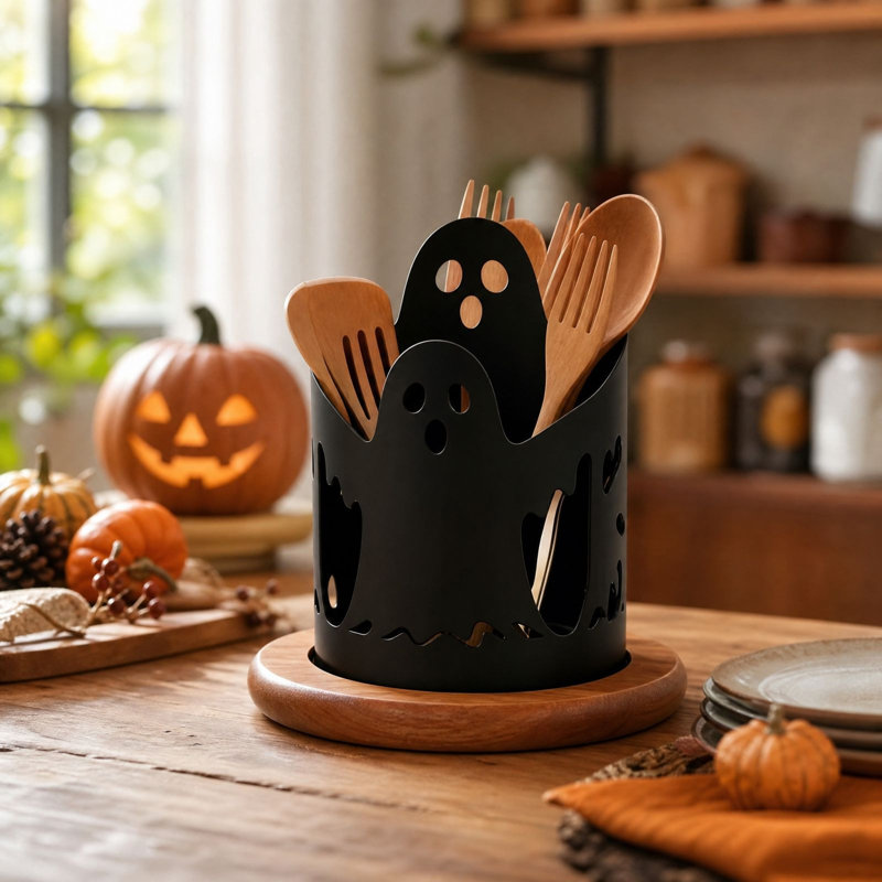 Boîte de rangement pour couverts fantômes avec base en bois - Décoration d'Halloween - Étagère de rangement de cuisine - Boîte de rangement pour couteaux et fourchettes de bureau - Décoration d'Halloween