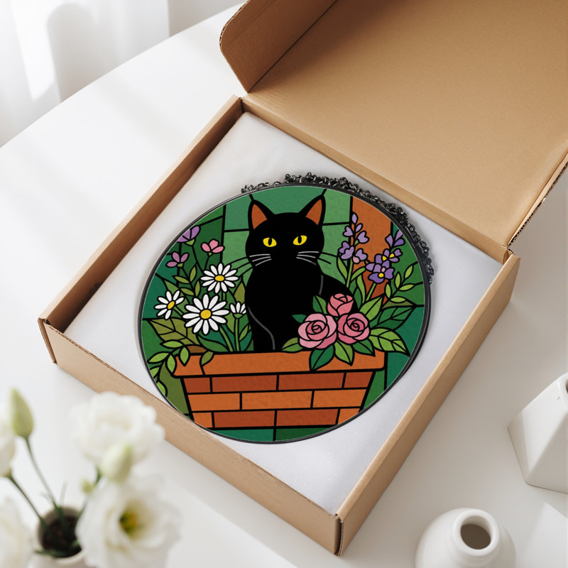 7.8"H Black Cat Stained Glass Window Panel, 7.8" H x 7.8" W