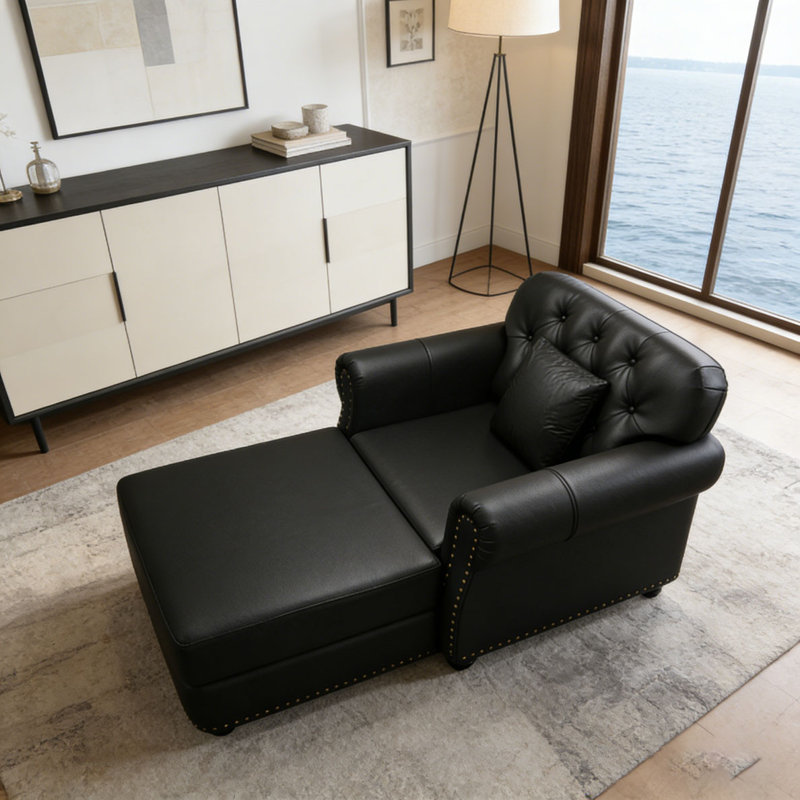 41.3"Upholstered Faux Leather Chair, Included, Black with Ottoman