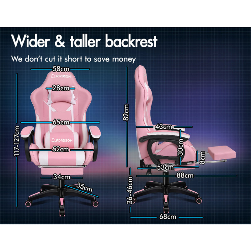 ELFORDSON Xavier Adjustable Reclining Faux Leather Swiveling PC & Racing Game Chair with Footrest, Pink