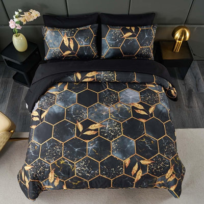 Black Queen Geometric Comforter Set, 7-Piece Bed in a Bag with Gold Foil Print Design, Ultra-Soft Lightweight All-Season Bedding Set