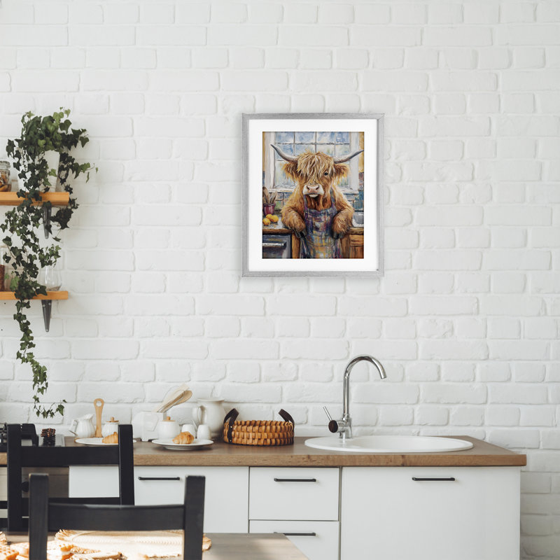 «Kitchen Time Chef Cow», reproduction sous verre encadrée par Nina Blue, H 16 po x l 13 po, Cadre de ferme gris