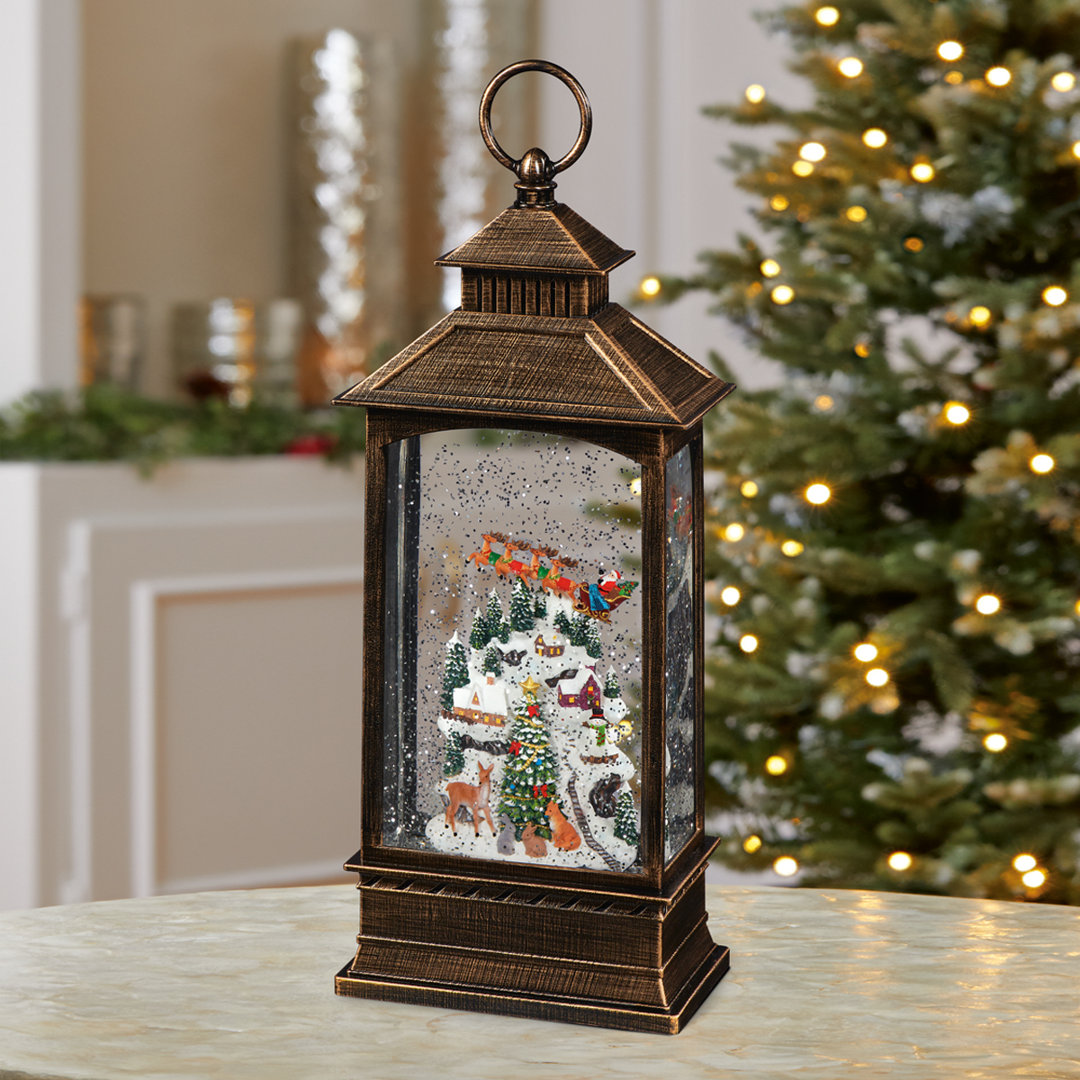 12.5”H Acrylic Holiday Lantern - LED, Water Spinning Glitter, Battery - Hand-Painted Resin Moments in Time 