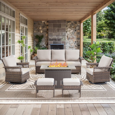 Tapash Premium Outdoor Rattan Sofa Set With 2 Swivel Glider Chairs, 2 Ottoman Footrests & 41" Gas Fire Pit Table  Comfortable Weatherproof Furniture For Patios, Decks, And Gardens.