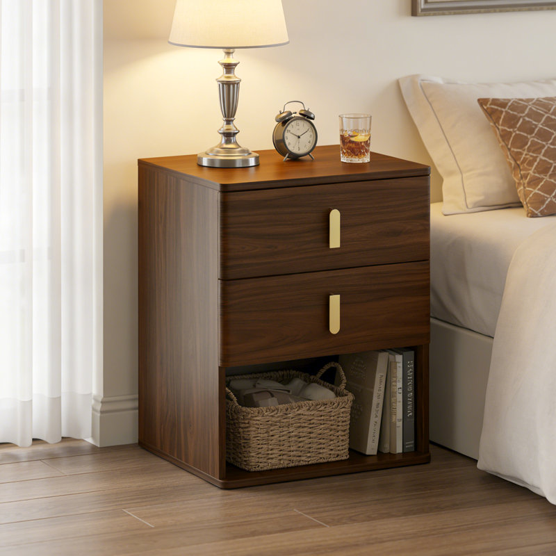 Modern Walnut Nightstand With 2 Drawers and Open Shelf