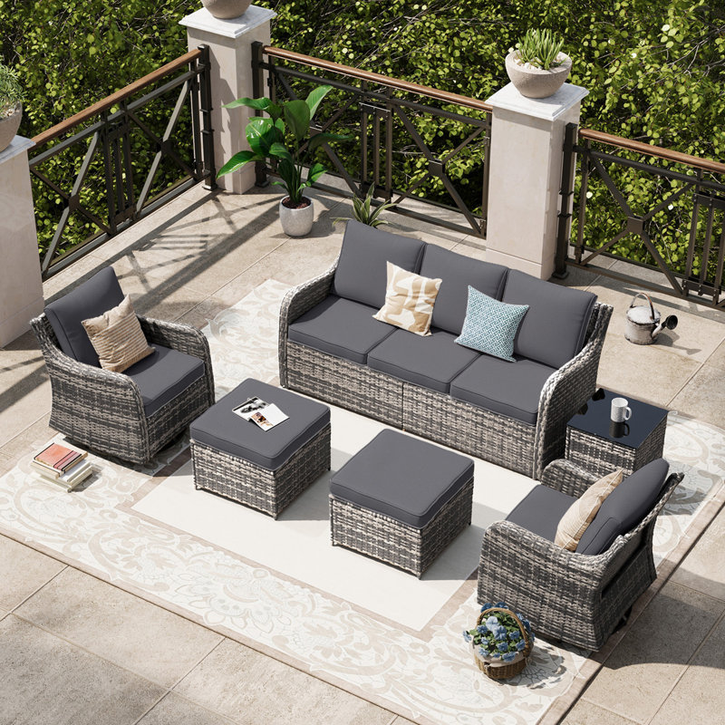  Patio Furniture Set With Swivel Rocking Chairs, 6 Pieces Patio Conversation Set, Outdoor Wicker Sofa Couch With Waterproof Cushions For Lawn Backyard Porch (Grey)