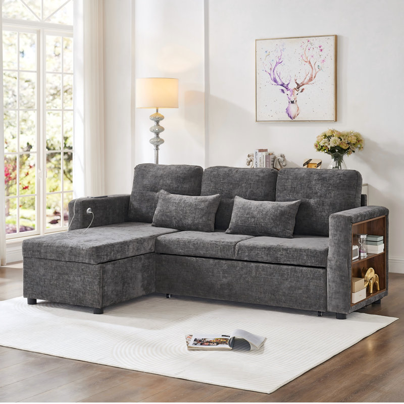 Convertible Sofa Bed With Reversible Storage Chaise And Usb, Grey