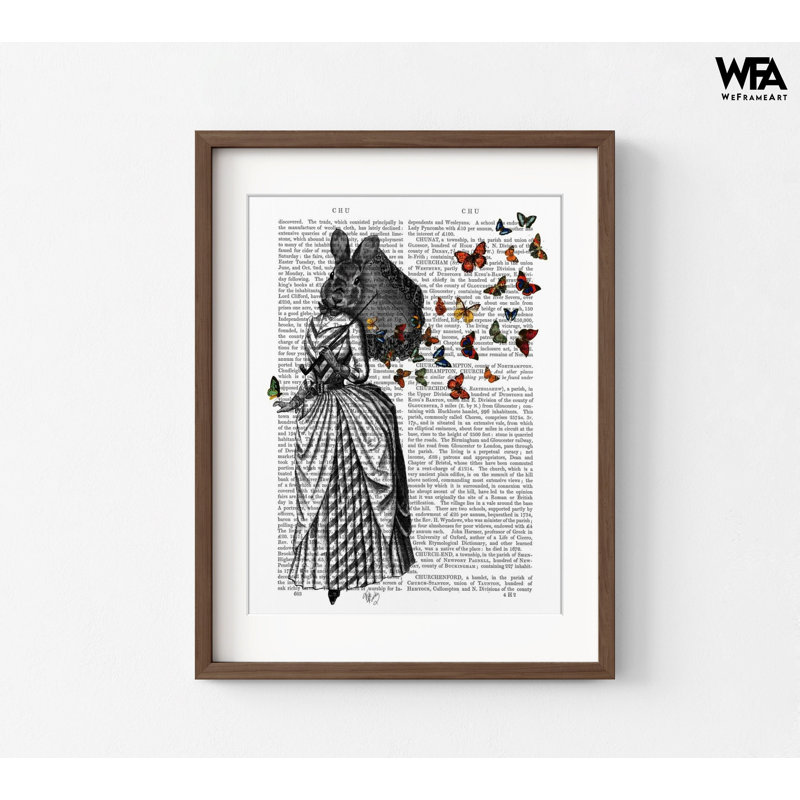 Reproduction d'affiche de lapin et papillon, parapluie de lapin, impression de page de livre encadrée, décoration murale papillons, décoration murale maison étrange