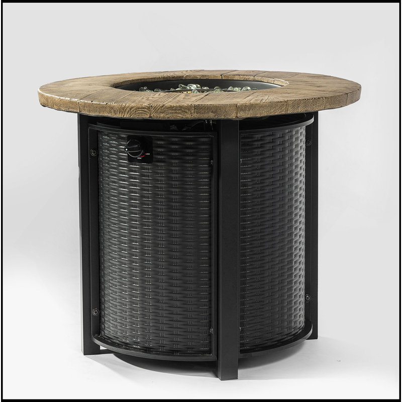 Foyer de table au gaz propane 30 po, foyer rond en acier de 50 000 BTU avec finition imitation grain de bois pour la terrasse extérieure du jardin - Noir