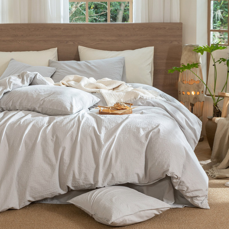 MooMee Wavy Striped Duvet Cover Set with Zipper Closure & 8 Corner Ties 100% Washed Cotton Linen Like Textured Breathable Lightweight