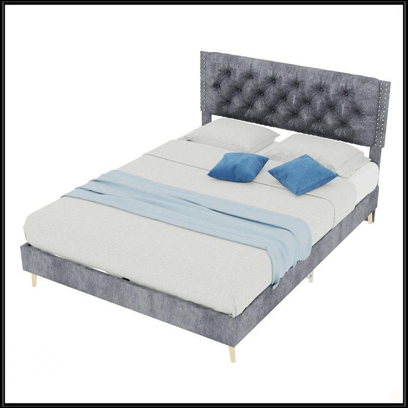 Lit suède doux - Lit double robuste pour la chambre principale, tête de lit capitonnée, sommeil silencieux, Full, Gray