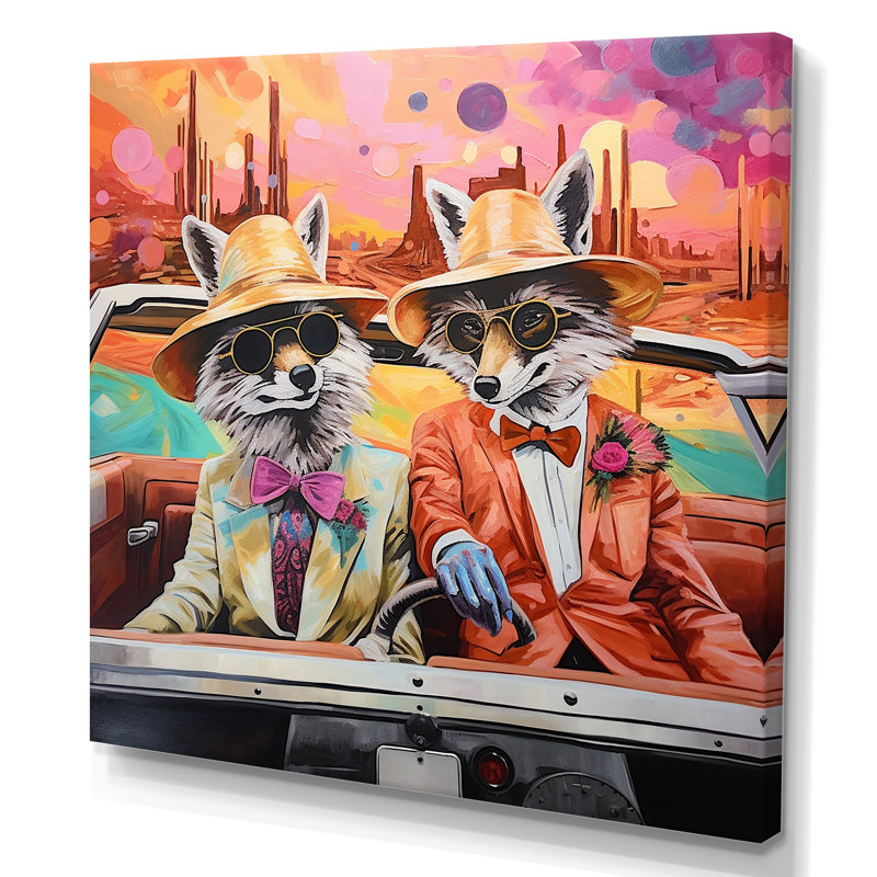 «Adventurous Foxes Drive III» - art mural animal renard, Toile tendue, H 36 po x l 36 po x P 1,5 po