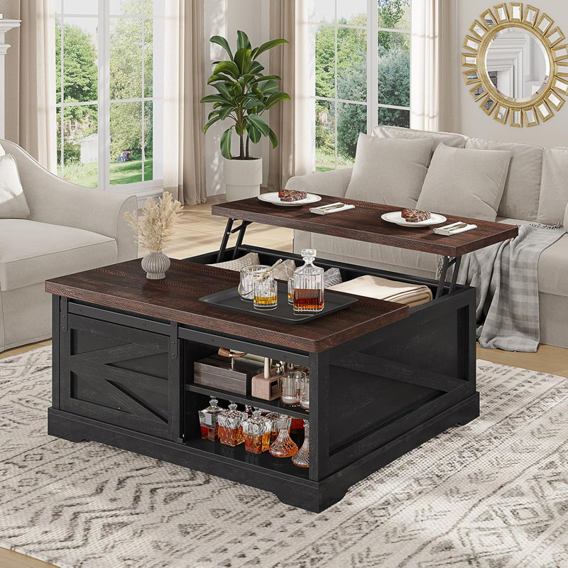 39.4'' Lift Top Coffee Table With Storage, Farmhouse Coffee Tables For Living Room, Black, Walnut