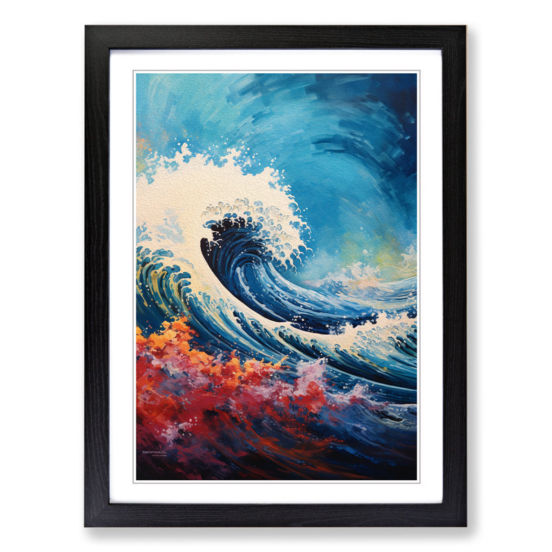 Wave Japanese Impressionism - Single Picture Frame Print on Wood, Black Framed, 64cm H x 46cm W