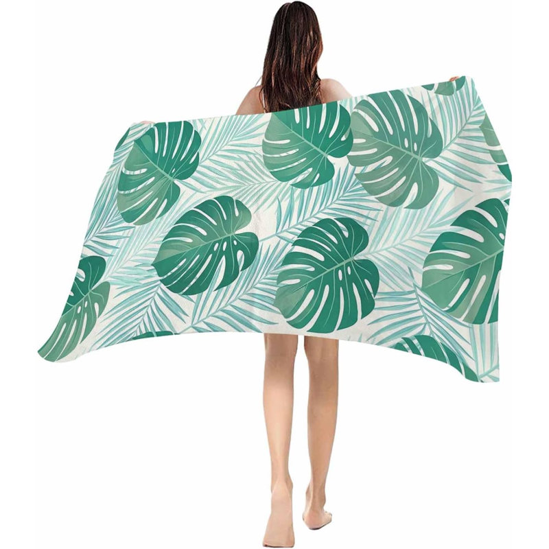 Minimalist Tropical Botanical Oversized Beach Towels - 50x60in Microfiber Beach Towels, Coastal Teal Palm Leaves Quick Dry Lightweight Pool Towel for Travel,Camping,Yoga