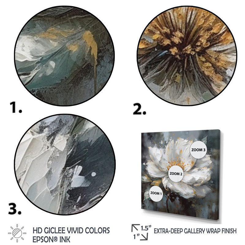 «Vibrant White Grey Peony Flower», impression sur toile, H 30 po x l 30 po x P 1 po, Cadre flottant noir