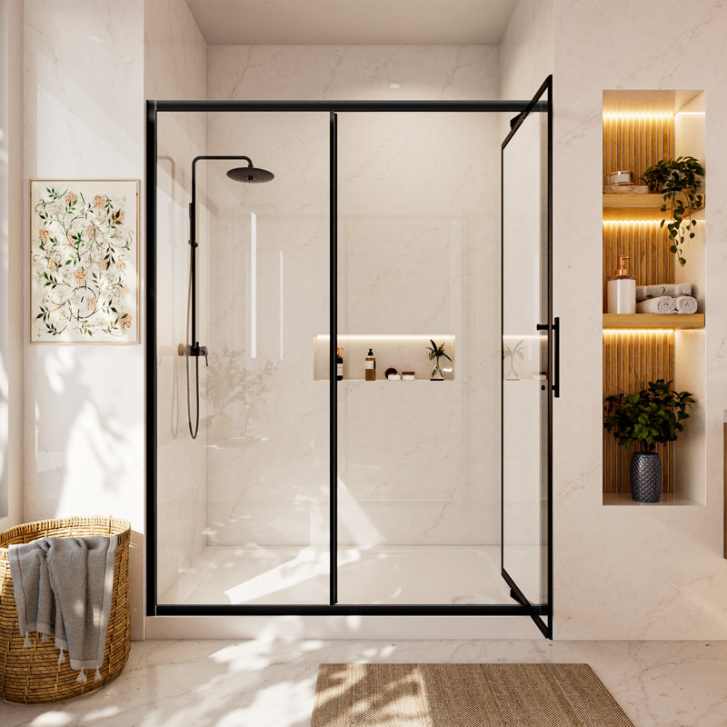 58 po x l 76 po x H 76 po Porte de douche pivotante encastrée encastrée encastrée, Noir mat