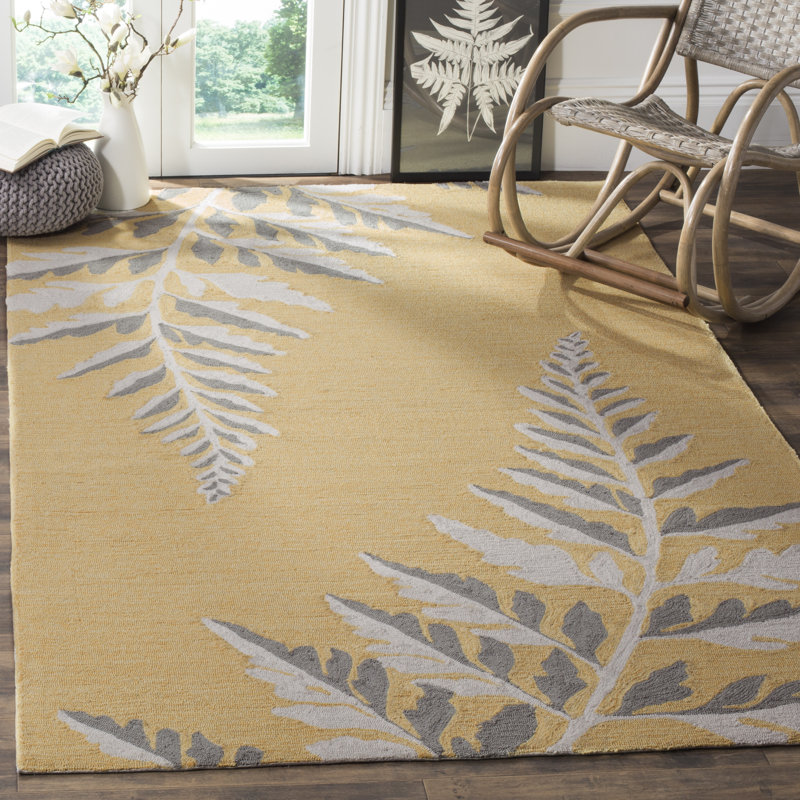 Tapis jaune / gris crocheté à la main à motif floral, Rectangle 8 pi x 10 pi