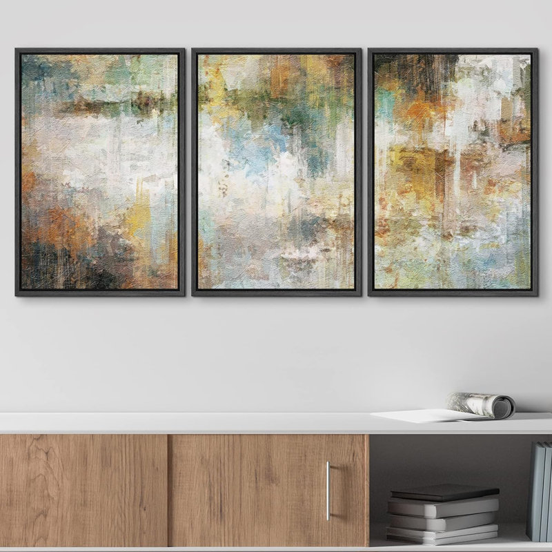 Grunge pastel bleu sarcelle, paysage jaune, formes abstraites, chic moderne sur toile, 3 pièces, Cadre flottant noir