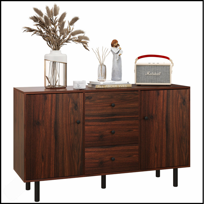 Rustic Brown Sideboard Buffet Cabinet With 2 Cupboards, 3 Drawers, And Adjustable Shelves For Versatile Storage And Display