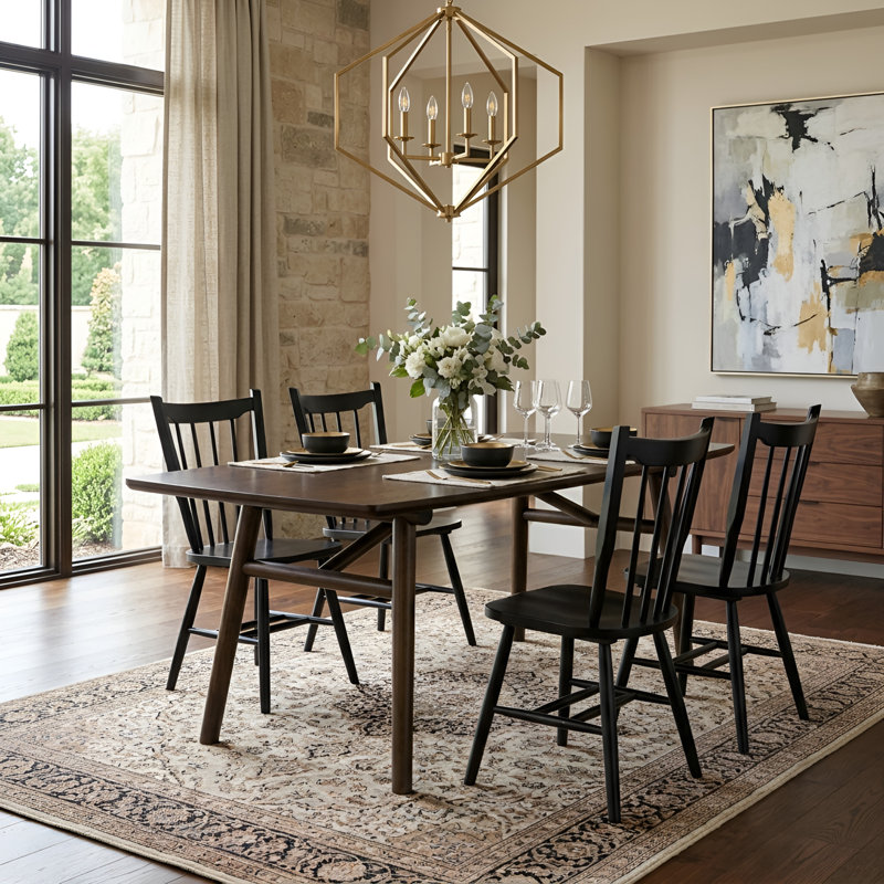 Modern Farmhouse Dining Set - Solid Wood Table With Rounded Corners & Anti-Wobble Triangle Legs - Classic Windsor Chairs With Spindle Back - 5/7 Piece Kitchen & Dining Room Set