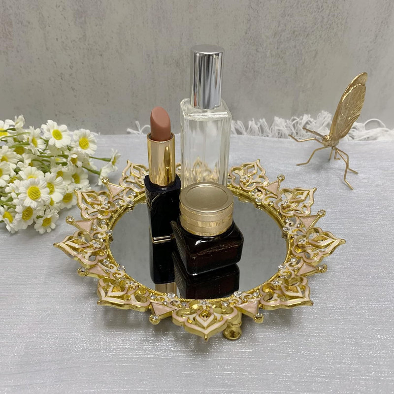Ornate Metal Vanity Tray with Ring Holder - Decorative Jewelry/Makeup Organizer for Vanity/Dresser/Bathroom
