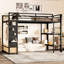 Structure de lit mezzanine avec garde-robe, lit mezzanine en métal avec tablettes de rangement et panneau perforé-1107424068