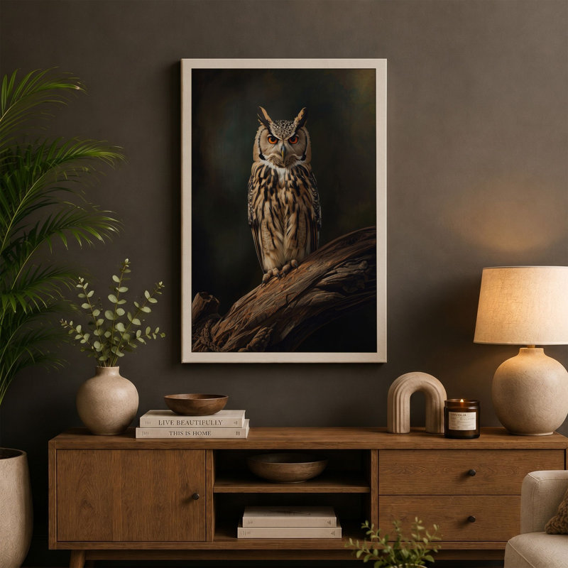 Tawny Owl Perched Japandi 1 Piece Wrapped Canvas Wall Art, 24x16 - 61.0 x 40.6 cm, Teal Border