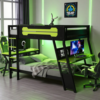 Kid's Bunk Bed, Dual Gaming Desks with USB Ports, Wood, Pegboard Organizer Panels, Modern, Teen Bedroom