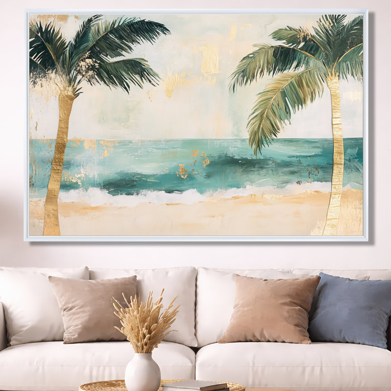 Toile de plage tropicale, art mural feuille de palmier, Mitchel, H 40 po x l 60 po, Cadre flottant blanc
