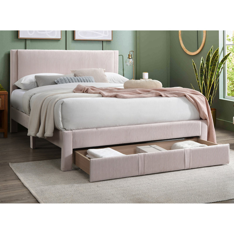 Moderne, rose, velours côtelé, lit plateforme, grand lit, tiroir sous le lit, sans sommier contemporain, cadre de lit en velours côtelé, rangement, attrait moderne