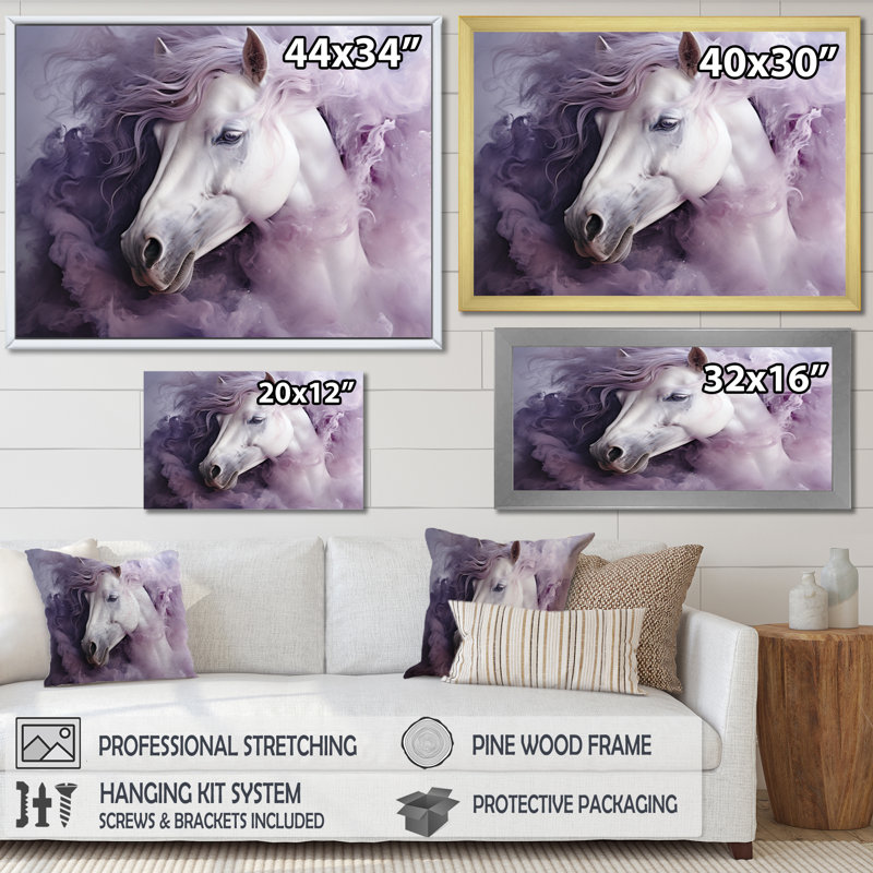 «Purple White Horse Ethereal Essence», art mural sur toile, H 16 po x l 32 po x P 1 po, Cadre flottant doré