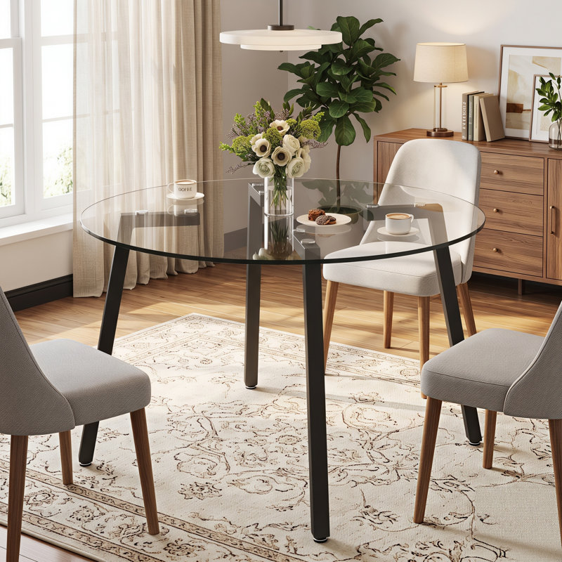 Table de salle à manger ronde en verre trempé de 107 cm (42 po) pour 4 personnes avec cadre en métal noir