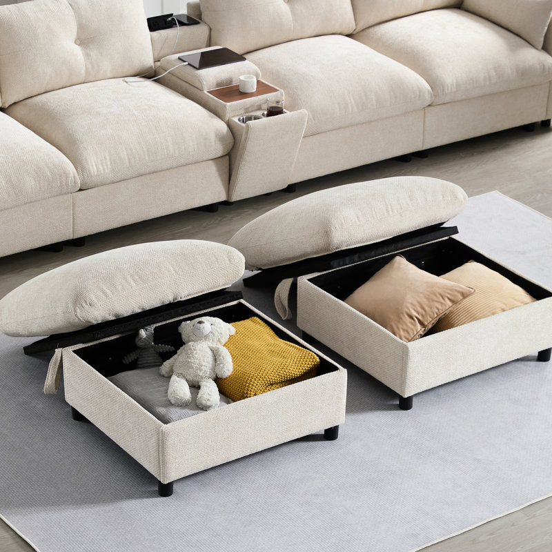 Canapé modulaire à 6 places avec repose-pieds, console et sièges confortables, Beige