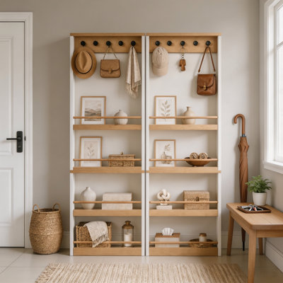 70.87" Tall Behind The Door Bookcase with 4 Shelves & 5 Hooks, Narrow Space-Saving Storage Cabinet – Antique White Organizer for Living Room, Bedroom, Kitchen & Hallway
