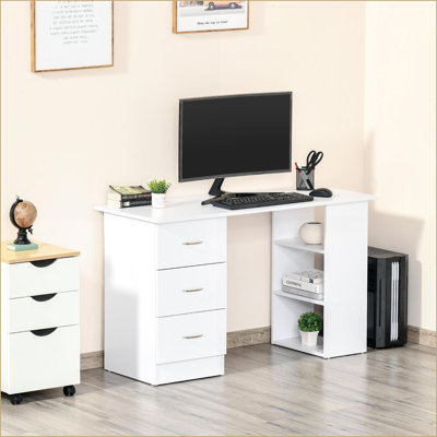 Bureaux, bureau d'ordinateur moderne de 47 po avec 3 tiroirs et bureau 3 tablettes, blanc | Bois d'ingénierie