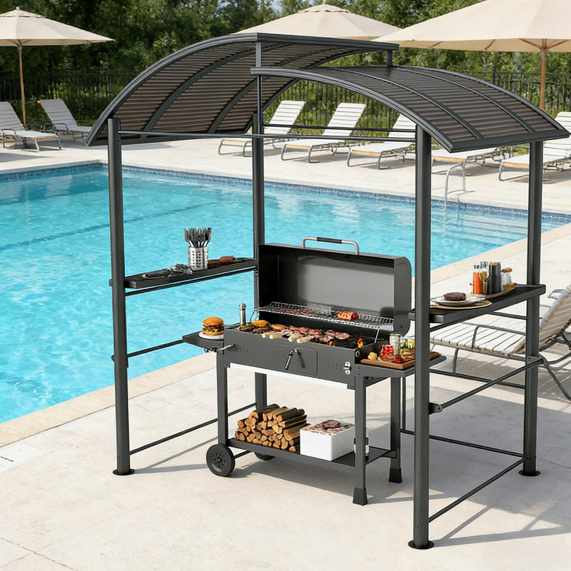 Auvent extérieur pour pergola avec protection UV, toit résistant à la pluie et tablettes latérales pour abri de cuisine pour barbecue