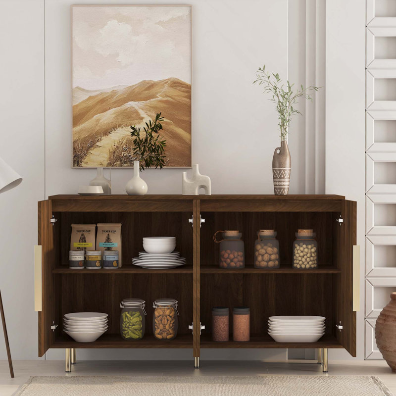 Buffet moderne cannelé avec rangement et tablette réglable et poignée en métal, Brun