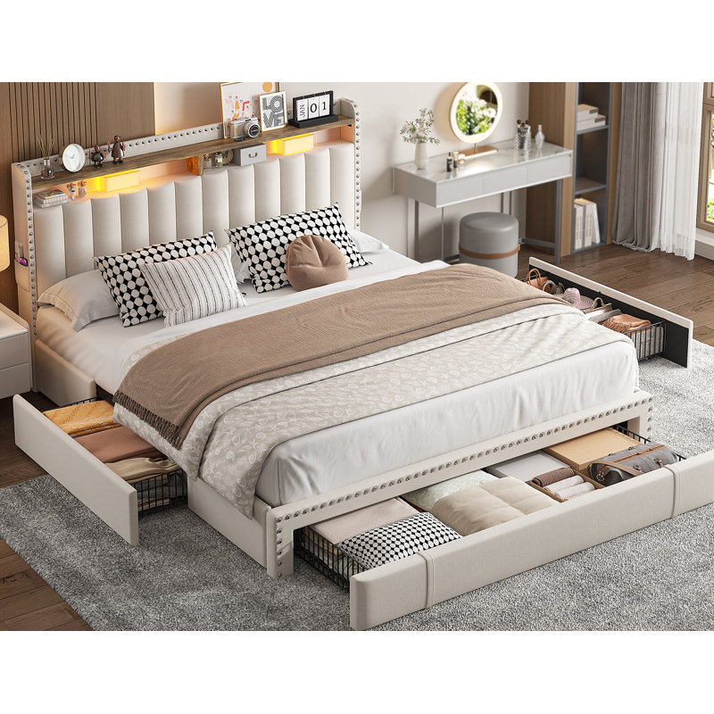 Upholstered Storage Bed Frame with 3 Drawers and 2-Tier Shelf Headboard,No-Noise, Beige, Queen