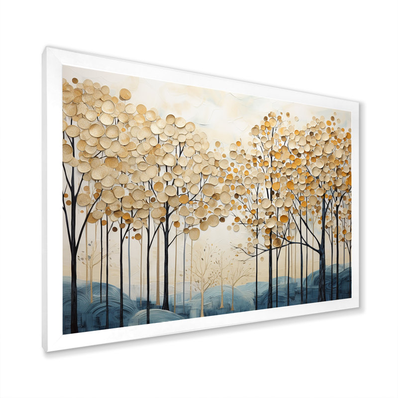 Minimalisme, arbres dorés et bleus scène IV - arbres, art mural, H 34 po x l 44 po x P 1,5 po, Cadre simple blanc