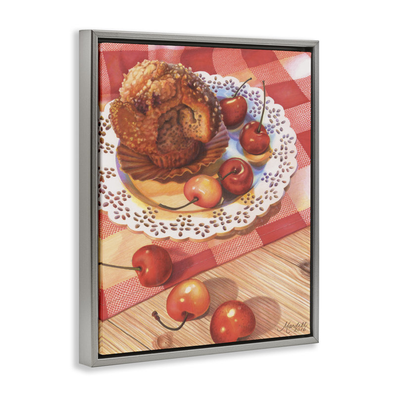"Country Cherries & Muffin", art mural encadré par Mardell Schuster, Cadre flottant gris lustré, H 21 po x l 17 po