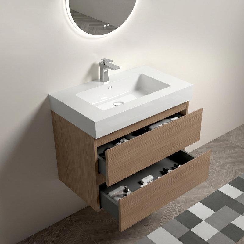 Meuble-lavabo mural 30 po avec lavabo et 2 tiroirs, 30, Blanc