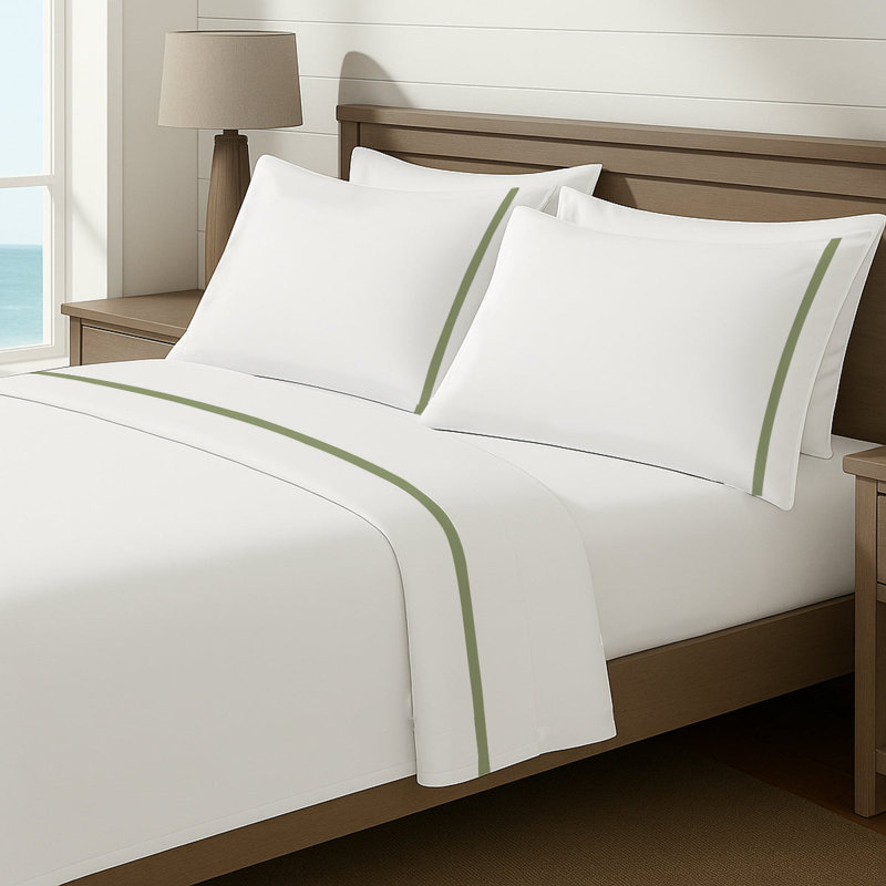 Luxury Border Cotton Sheet Set, Sage/White, Full XL Fitted Sheet