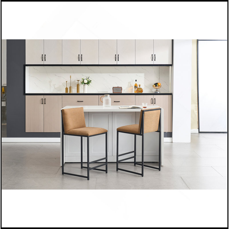 Ensemble de 2 tabourets de bar à hauteur de comptoir, chaises de bar rembourrées en lin, repose-pieds et structure en métal pour la cuisine, la salle à manger, le CAFÉ