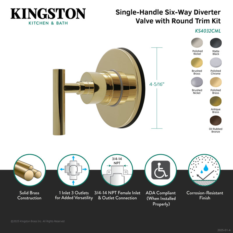 Kingston Brass Manhattan Single-Handle Wall Mount Six-Way Diverter Valve with Trim Kit, Polished Nickel